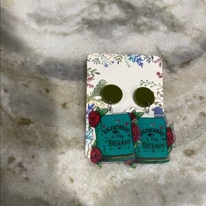 Green and Red 'Reading is My Therapy' Earrings